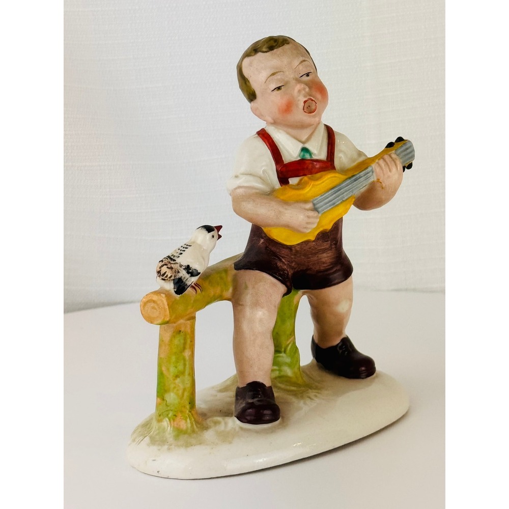 Vintage Porcelain Boy Playing Guitar With Bird Figurine 5.5" Hand Painted 11365